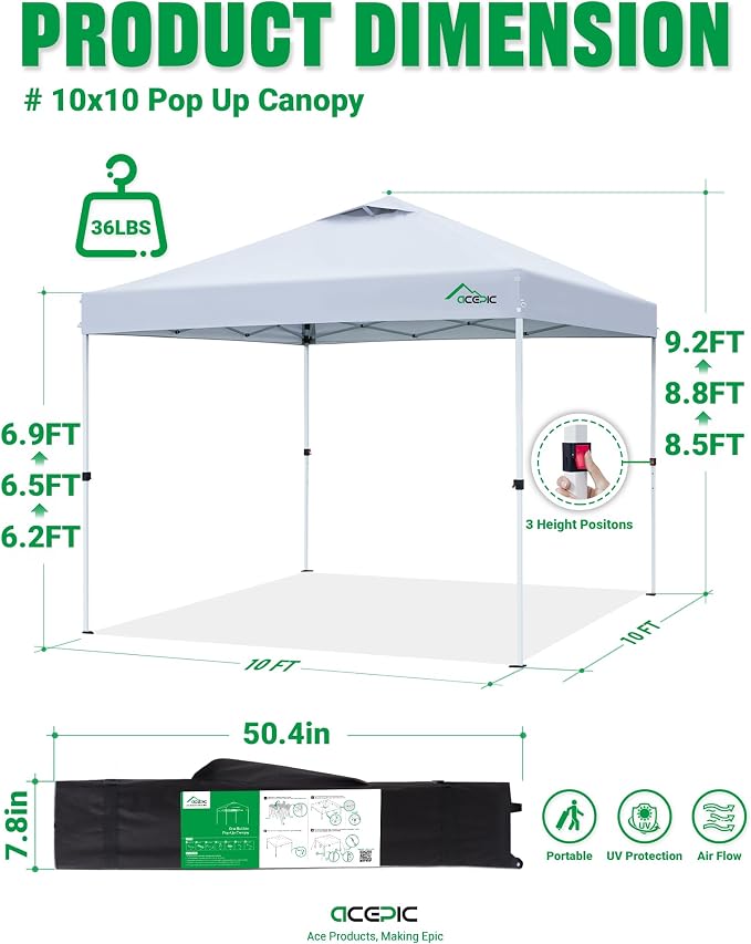 Acepic 10x10 Pop Up Canopy Tent, One Push Instant Outdoor Gazebo with Vented Top, Upgraded 300D Silver Coated Sun Shade for Parties Camping Vendor, Includes Wheeled Bag and 4 Sandbags, White