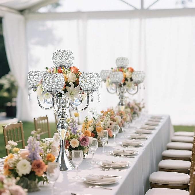 5 Arm Elegant Crystal Candle Holder,Candlestick for Wedding Table Centerpiece, 22 Inch Tall Candle Holder Table Candelabra Event Party Table Centerpiece,Home Decoration. (4, Silver, Round Crystal)