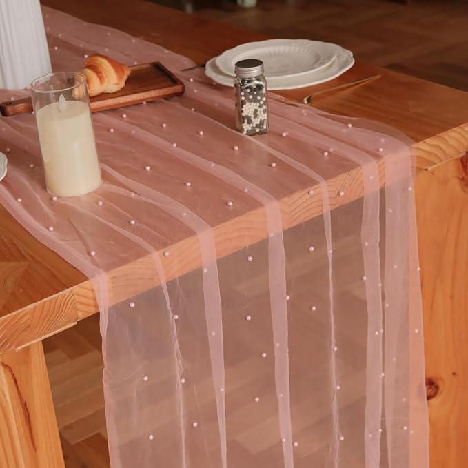 Set of 1 Pearl Table Runner 10ft, 29 * 120 Inch Dusty Pink Table Cloth Pearl Sheer Tulle Table Cover,Pearl Table Runner for Wedding Party Baby Shower Birthday Home Decor