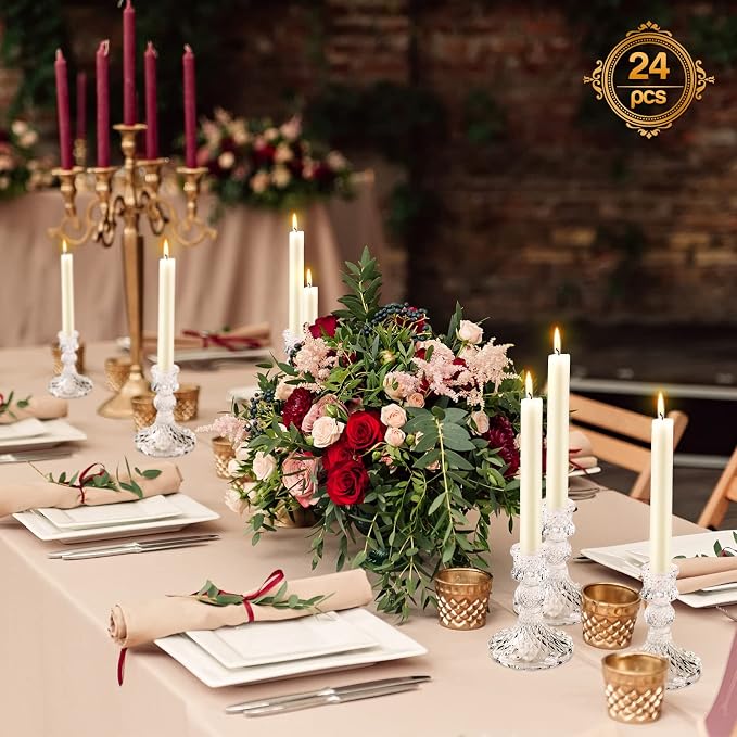 Sieral 24 Pcs Clear Taper Candle Holders 4'' Tall Glass Candlestick Holders Bulk Crystal Decorative Stand Wedding Stick Holder for Anniversary Party Dining Table Festival Decor