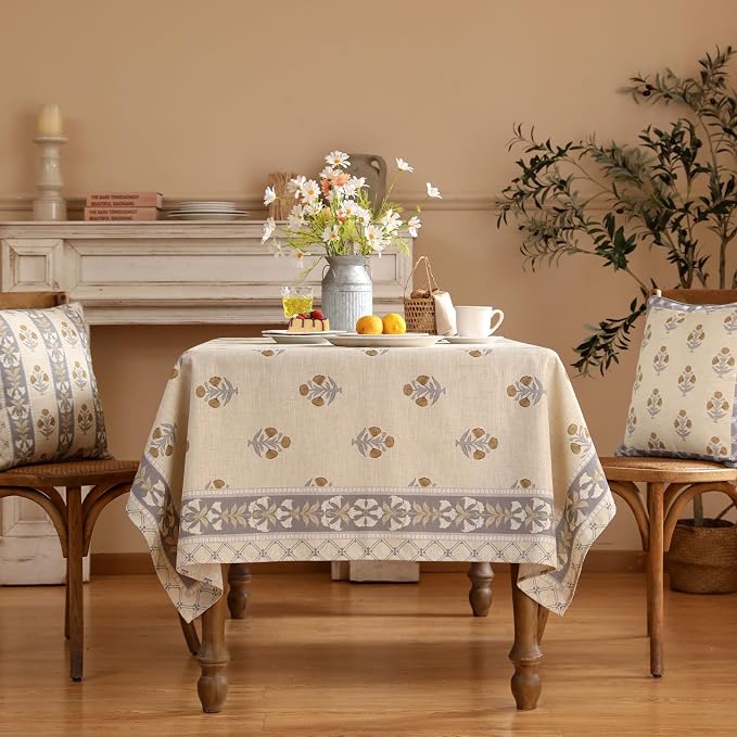patdrea Vintage French Linen Tablecloth,Rectangular,94"x63"-Istana A | Elegant Large Table Cloth for Rectangle Table,Natural Floral Block Print,for Dining Room Tea Party Thanksgiving