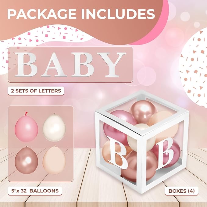 44-Piece Baby Shower Decorations for Boy or Girl - 4 Boxes with Letters and 32 Balloons - Neutral Dusty Pink, Sand and Nude - Gender Reveal Party Supplies - Nursery Decor Prop