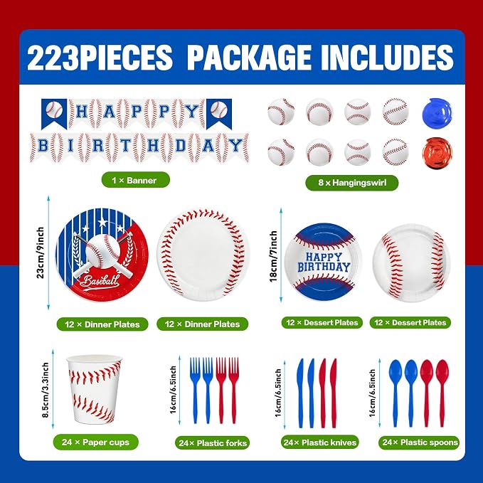 223pcs Baseball Plates Napkins Birthday Party Supplies Tableware Set Include Plates, Napkins, Cups, Cutlery, Balloons, Banner, Hanging Swirls, Tablecloths for Baseball Party Decorations Serve 24
