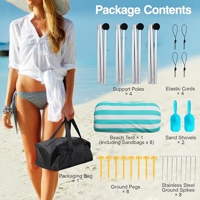 Rhino Valley Beach Tent, 10 x 10 FT Beach Shade UPF50+ Protection, Beach Canopy with 8 Sandbags 4 Stability Poles, Outdoor Beach Tent Sun Shelter Umbrella for Sand, Camping, Fishing,Mint Green Stripes