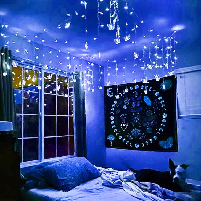 Butterfly Curtain Fairy Lights USB Plug in,8 Modes 120 LED 20FT Firefly Twinkle Timer String Lights with Remote, Waterproof for Bedroom Patio Christmas Wedding Party (Blue)