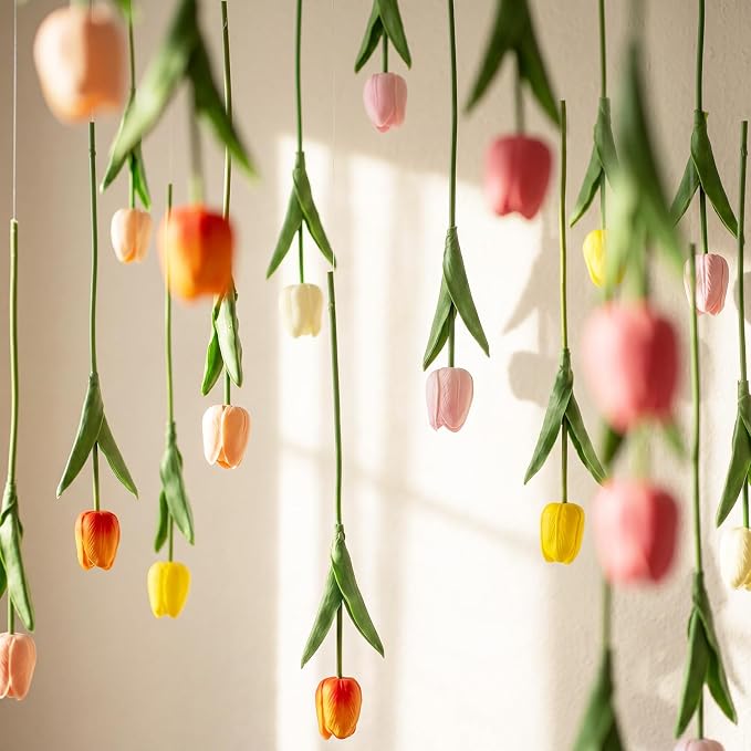 12 Pack 6 Colors 5 ft Artificial Tulips Hanging Flower Garland Decorations Spring Summer Dangling Faux Tulip Floral Vine Strings with Hooks for Wall Ceiling Wedding Tea Party