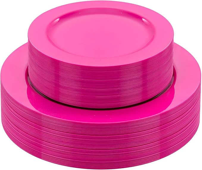 FLOWERCAT 60PCS Hot Pink Disposable Party Plates Set – 30 pcs 10.25″ Dinner Plates & 30 pcs 7.5″ Dessert Plates for Spring Parties, Valentine’s Day, Wedding – Sturdy & Stylish Tableware