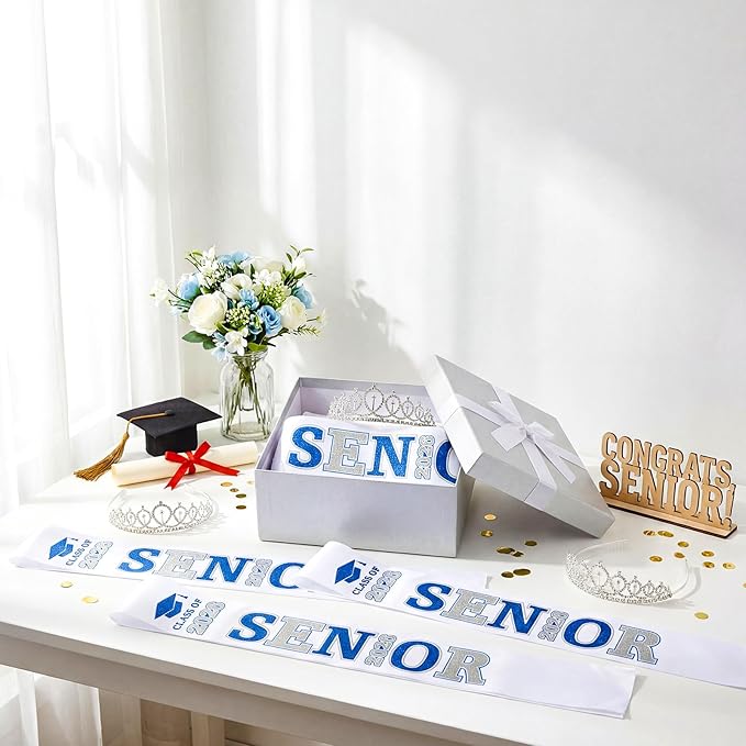 Janinka 6 Pcs Senior Sash 2026 Graduation Satin Sash with Glitter Letter Silver Crown Tiaras Cheer 2026 Gifts for Graduation Party Cheerleader Prom Photos Celebration(Blue)