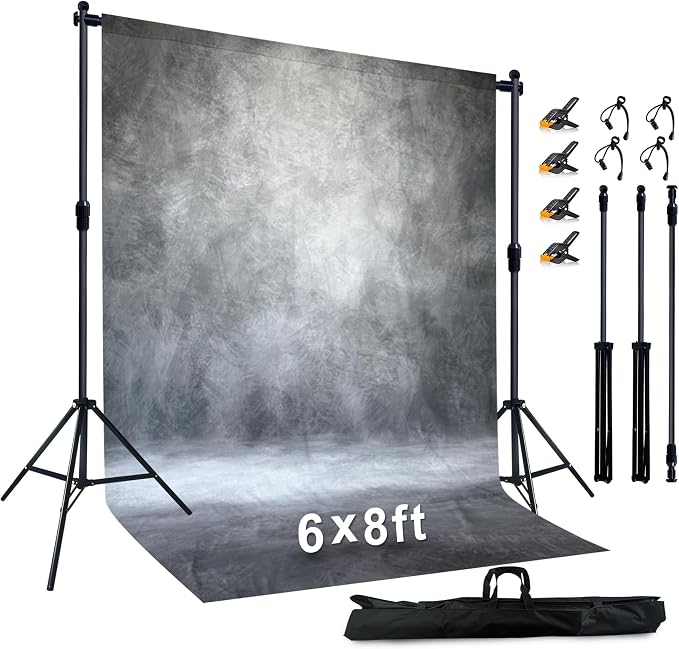 6.5x6.5 ft Photo Backdrop Stand with 6Wx8H ft Abstract Backdrop,Grey | 2-in-1 Portable, 6.5Wx6.5H ft Adjustable Stand, 6Wx8H ft Abstract photography background, 8 Clamps, Storage Bag Included