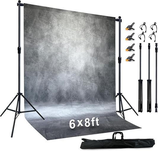 6.5x6.5 ft Photo Backdrop Stand with 6Wx8H ft Abstract Backdrop,Grey | 2-in-1 Portable, 6.5Wx6.5H ft Adjustable Stand, 6Wx8H ft Abstract photography background, 8 Clamps, Storage Bag Included