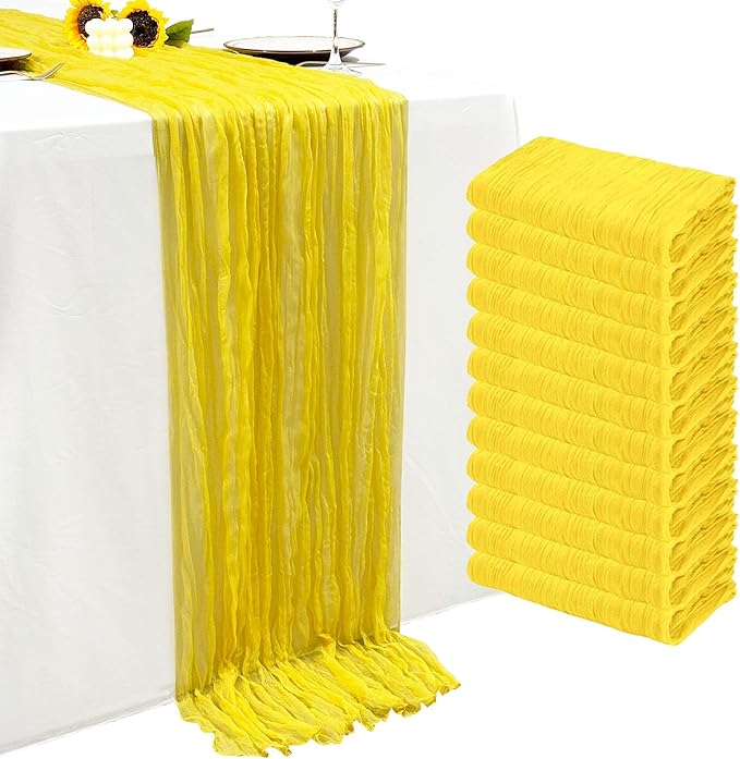 12Pack Yellow Table Runner 10Ft Cheesecloth Table Runner Boho Long Yellow Cheese Cloth Table Runners for Wedding Party Bridal Shower Thanksgiving Christmas