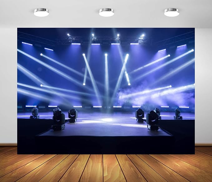 BELECO 12x10ft Fabric Music Concert Stage Backdrop Music Night Blue Stage Spotlights Band Live Shows Rock Music Festivals Carnival Background Music Theme Party Decorations Photo Booth Studio Props