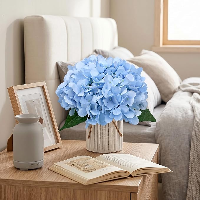 Set of 6 Faux Flower Table Centerpieces - Light Blue Artificial Hydrangeas Floral Arrangement with Rustic Metal Vase for Anniversary Wedding Tea Party Event Decorations
