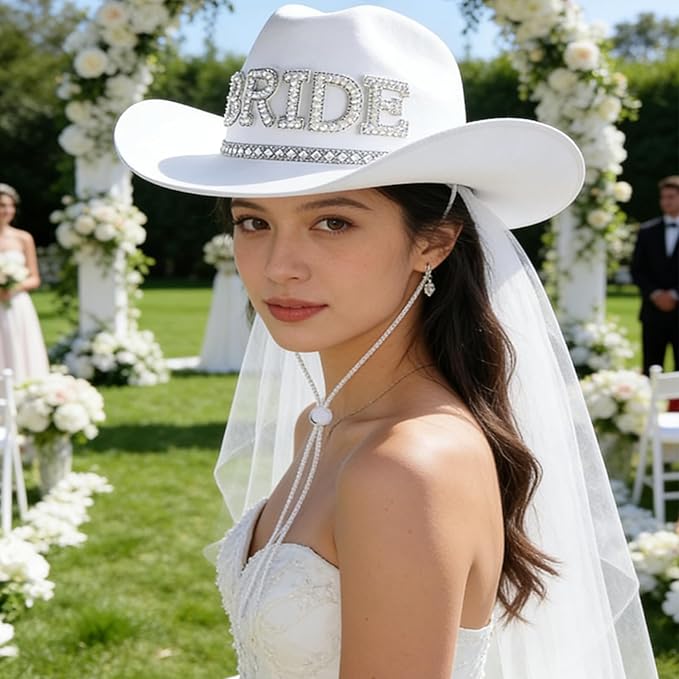 Delphinus Bridal Cowboy Hat, Bronzing Bride Cowgirl White Velvet Fur Veil Favors Women Felt Party Hat,Bachelorette Party Bride to Be Gift