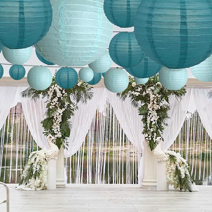 20Pcs Teal Paper Lanterns Decorative, 6"8"10" Blue Hanging Round Paper Lanterns Decorative for Bridal Shower Baby Shower Engagement Wedding Birthday Party