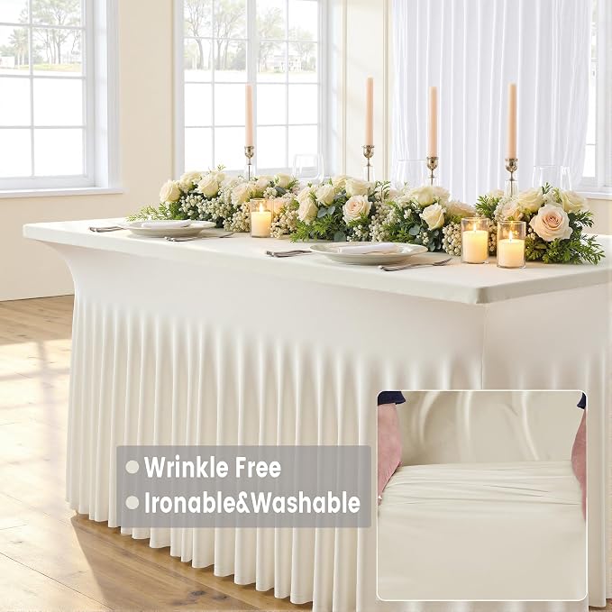 Outpain 8ft Spandex Table Cloth for Standard Folding Tables-6Pack Ivory Table Cloth Table Protector for Party, Wedding, Cocktail, Banquet, Festival