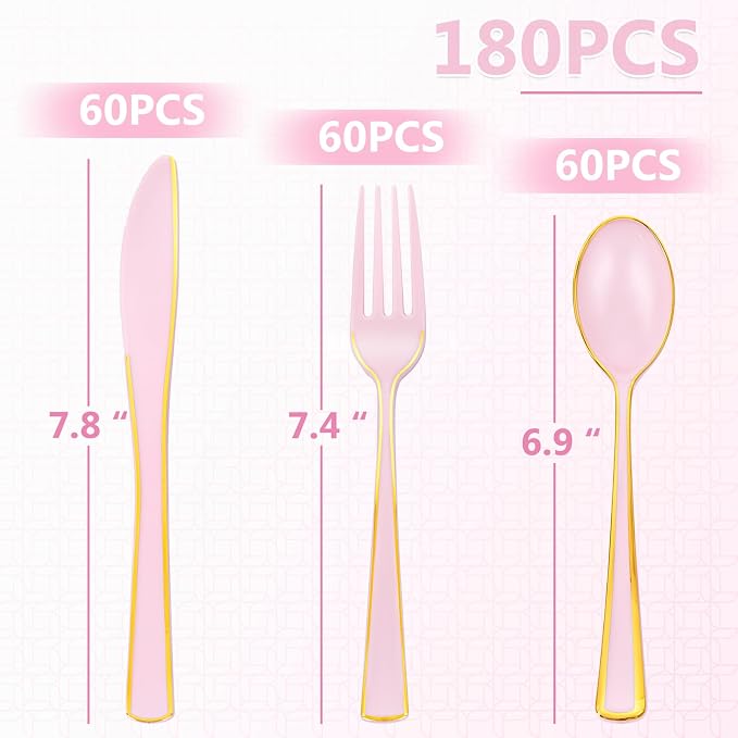 WDF 180 Pieces Pink Plastic Silverware with Gold -Pink Plastic Utensils Set - 60 Guest Cutlery Disposable for Birthday Party Baby Shower Wedding Spring