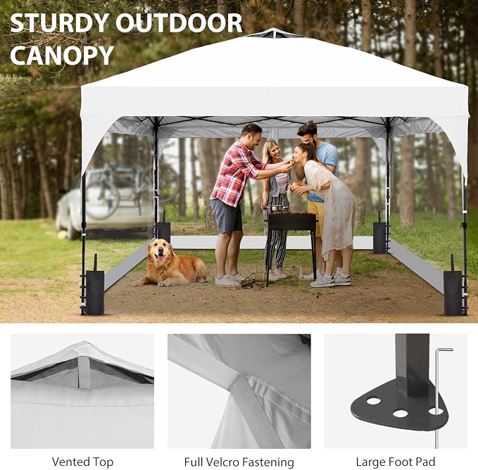 10x10FT Canopy Tent, 1-Button Push Instant Pop Up Canopy with 4 Sandbags, Easy Setup Outdoor Gazebo Shelter (White, 10x10 with PVC Sidewalls)