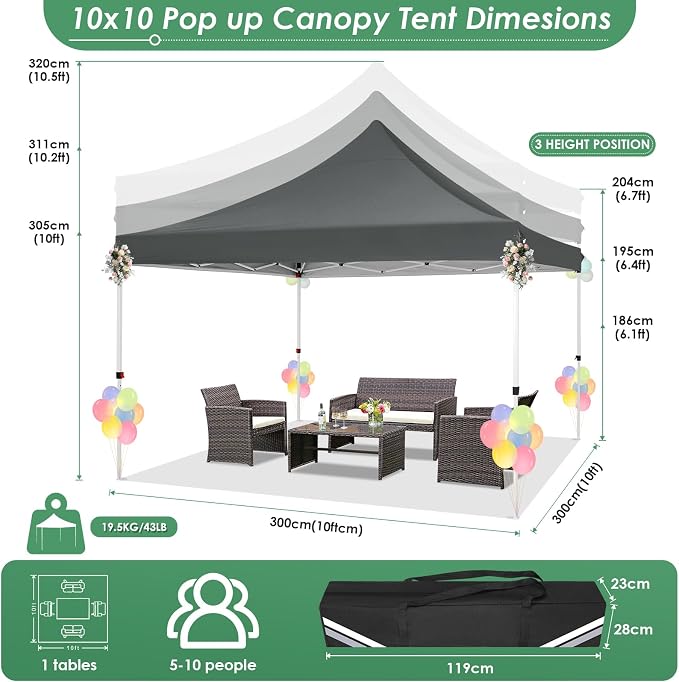 COBIZI 10x10 Pop Up Canopy with 4 Removable Sidewalls, Easy Set Up Canopy Tent, Waterproof Instant Party Tents for Weddings & Parties, UPF 50+ UV Protection, 3-Height Adjustable Frame,Grey