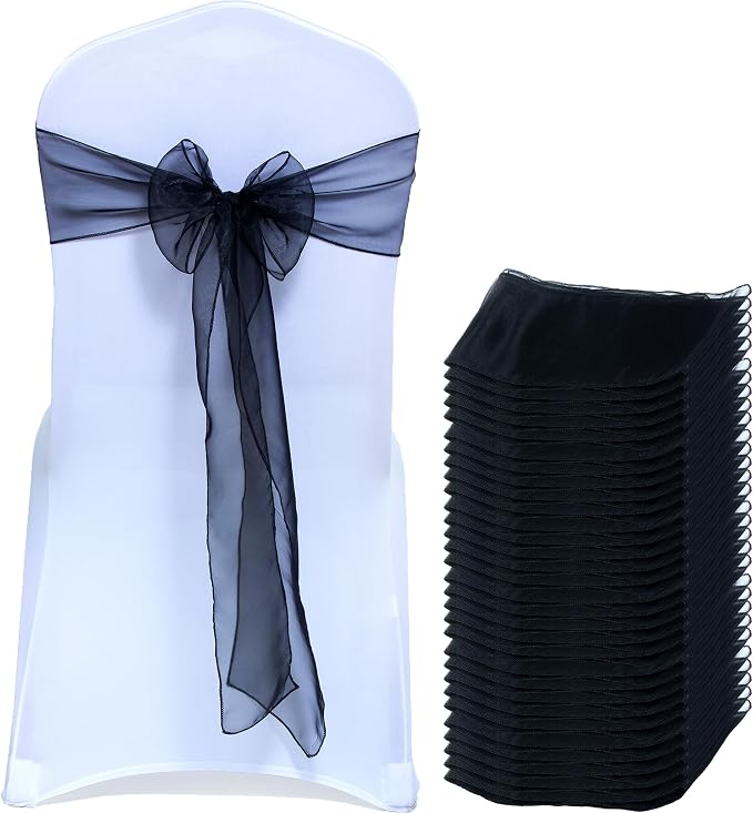 MDS® Pack of 125 Organza Chair Sashes for Wedding Decoration, Reusable Sheer Chair Bows for Banquet Chair Cover, Reception, Bridal Shower, Baby Shower, Birthday Party & Special Events - Black