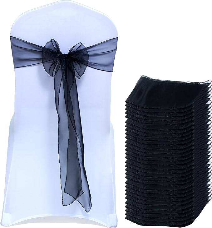 MDS® Pack of 300 Organza Chair Sashes for Wedding Decoration, Reusable Sheer Chair Bows for Banquet Chair Cover, Reception, Bridal Shower, Baby Shower, Birthday Party & Special Events - Black