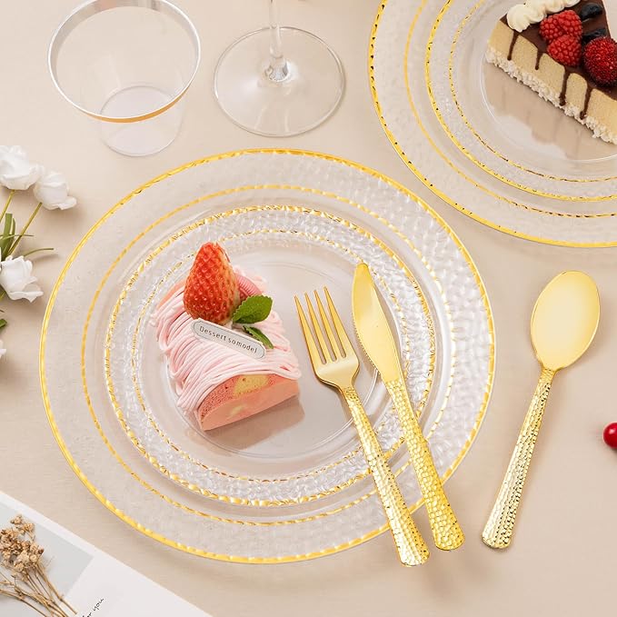 Bestluck 350PCS Clear Plastic Plates with Gold Trim for 50 Guests, Disposable Dinnerware Set for Party & Wedding, Includes 100 Plastic Plates, 50 Pre Rolled Napkins with Gold Silverware, 50 Cups