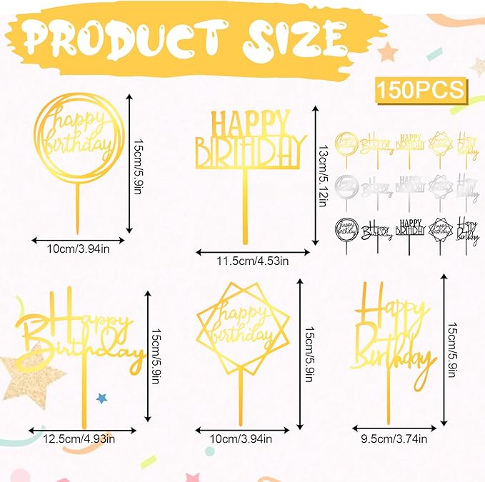 150pcs Gold Happy Birthday Cake Toppers Bulk Mirror Acrylic Cupcake Topper Double-Sided Dessert Decorations for Girls Women's Happy Birthday Sign for Cake Side Cupcake Decorations Party Supplies