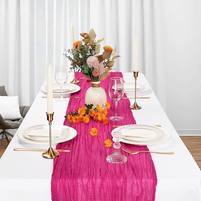 6 Pack Hot Pink Table Runner Cheesecloth 10Ft Spring Gauze Cheese Cloth Table Runner 35x120 Inch Boho Sheer Rustic Fabric for Holiday Party Decor Baby Shower Wedding Decorations