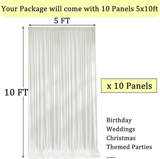 50ft x 10ft Wrinkle Free Ivory Backdrop Curtains for Parties, 10 Panels 5x10ft Polyester Ivory Photo Backdrop Drapes for Wedding Birthday Party Photography Background