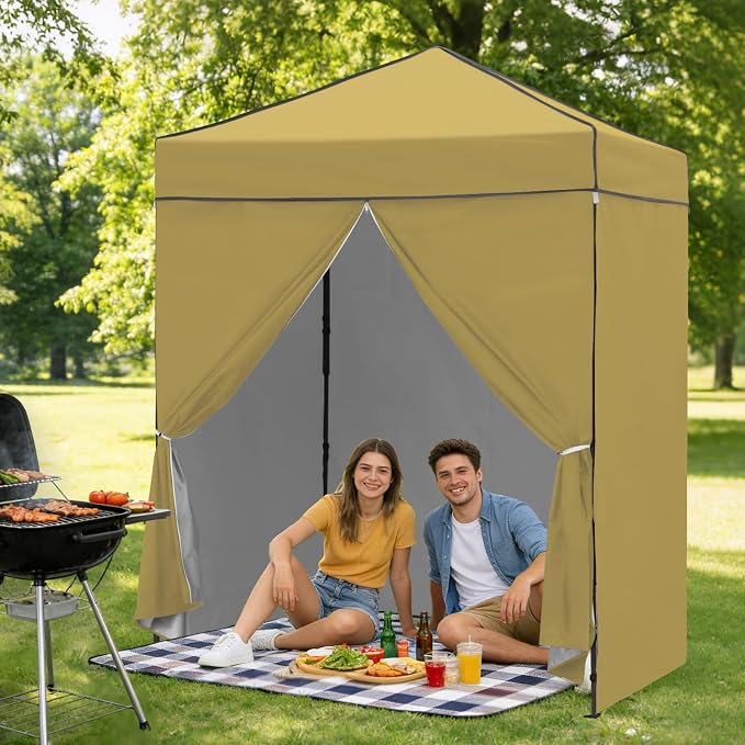 6x4 Pop Up Canopy Tent with Four Wall Panels, Instant Portable Beach Canopy, Outdoor Tent with Carry Bag for Camping, Sports, Tailgating, Events, Beige