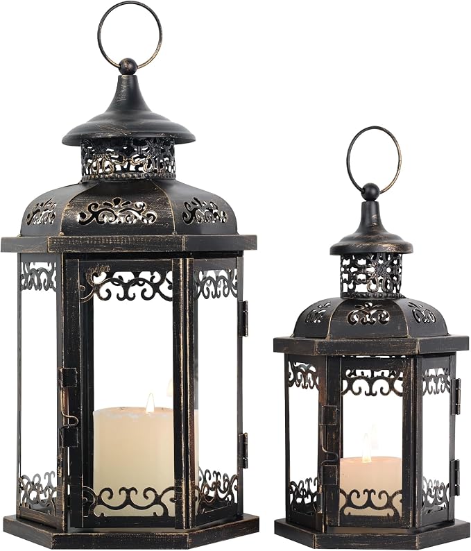 Large Lantern Decorative Outdoor & Indoor, Set of 2 (15’’&11’’) Metal Candle Lanterns Decor, Vintage Hanging Candle Holder for Front Porch Patio Wedding Farmhouse Home, Spring Decoration