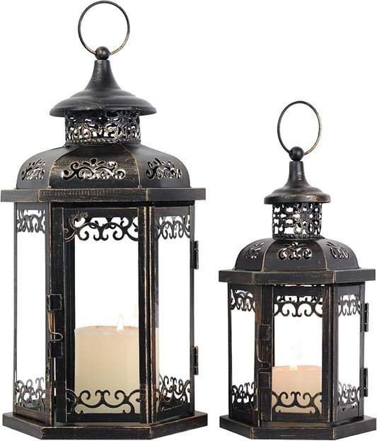 Large Lantern Decorative Outdoor & Indoor, Set of 2 (15’’&11’’) Metal Candle Lanterns Decor, Vintage Hanging Candle Holder for Front Porch Patio Wedding Farmhouse Home, Spring Decoration