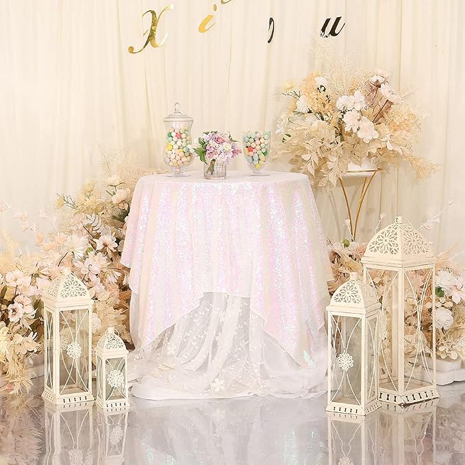 Eternal Beauty White Iridescent Tablecloth, 50x50 Inch Sequin Square Table Cover for Cake Dessert Exhibition Party Birthday Events