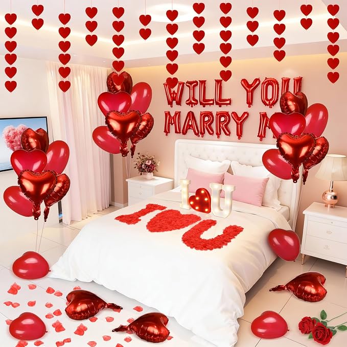 3249pcs Proposal Decoration Anniversary Valentines Day Decoration Romantic Special Night Decor Bedroom Decor Rose Petal LED Hearts "WILL YOU MARRY ME" Balloon Heart Candle Artificial Rose Heart String