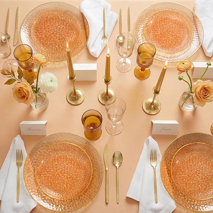 I00000 150Pcs Clear Orange Plastic Plates with Gold Rim,Orange Disposable Plastic Plates,Gold hammer patterned Disposable plates Set include 30 Dinner Plate,30 Dessert Plate,90 Silverware Set