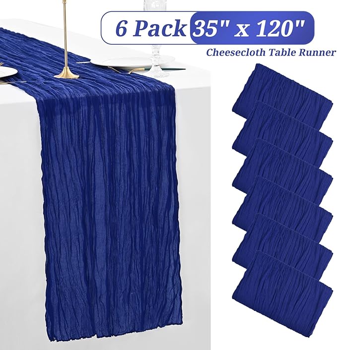 Showgeous 6 Pack Royal Blue Cheesecloth Table Runner Gauze Table Runner 10FT Long Semi-Sheer Table Runner Boho or Rustic Wedding Table Decor for Wedding Decor Arch Draping Bridal Shower Holiday Party