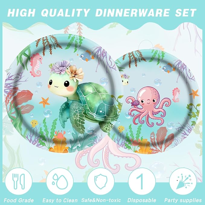 140Pcs Sea Turtle Birthday Decorations Ocean Sea Party Tableware Turtle Plates Napkins with Sea Animal Cups for Under the Sea Baby Shower Turtle Pool Party Supplies