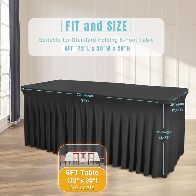 2 Packs Black Spandex Tableclothes for 6 Foot Rectangle Tables, Wrinkle Free 6ft Fitted Table Cover Stretch Table Cloth Desk Skirt for Weddings Baby Shower Birthday Party Banquet Decorations