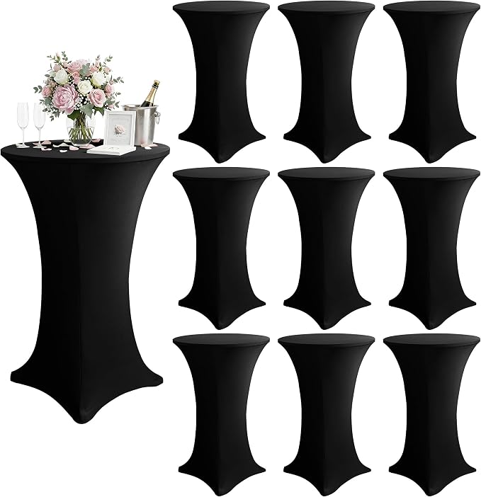 KeyWave Cocktail High Top Table Covers - 32x43 Inch Fitted Spandex Round Cocktail Tablecloth for Bar Height Standing Table Cloths Reusable, for Party Wedding Banquet Event Decorations, Black, 10 Pack