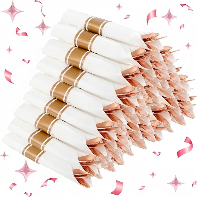 Supernal 240Pcs Rose Gold Plastic Silverware Set with Napkins - Pre Rolled Disposable Cutlery (60 Forks, 60 Knives, 60 Spoons) - Heavy Duty Utensils for Wedding, Bridal Shower & Elegant Parties