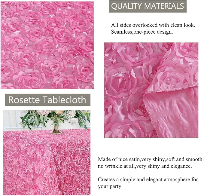 Fanqisi Pink Rosette Tablecloth 50x80 Inches Wholesale Rectangle Table Cover Rosette 3D Satin Tablecloth for Dinner Wedding Birthday Party Reception Table Decoration