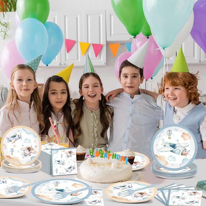 96Pcs Airplane Birthday Party Decorations Airplane Baby Shower Tableware Vintage Plane Plates Napkins Forks Disposable Aviation Theme Party Supplies for Baby Shower Kids Boys Girls Birthday Supplies