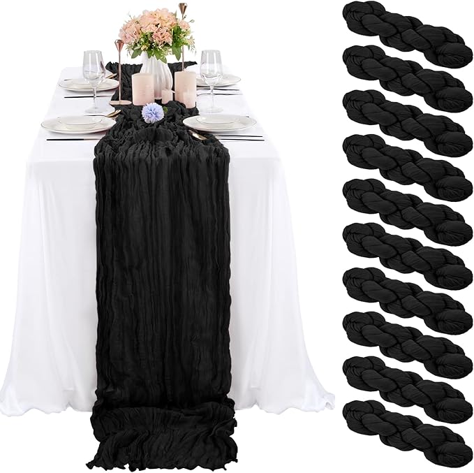 10 Pcs Black Cheesecloth Table Runner 10FT, Gauze Table Runner for Wedding Reception Sheer Bridal Shower Birthday Party Boho Table Decoration, Rustic Romantic Wedding Runner