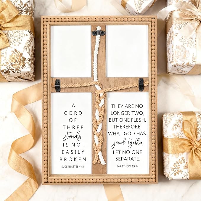 Farmhouse A Cord of Three Strands Wedding Ceremony Sign with Wooden Bead and Hanging Hook, Vintage Rustic Wood Unity Cross for Wedding Ceremony, 11 X 15 Religious Christian Wall Decor Gift for Couple
