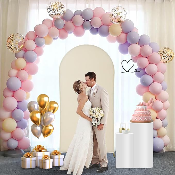 Gawicpy Wedding Arch Backdrop Stand Set Metal Arch Backdrop Stand with Wedding Arch Cover, Wedding Balloon Arch Backdrop Stand for Birthday, Baby Shower, Anniversary (Beige, 5.9FT+6.6FT+7.2FT)