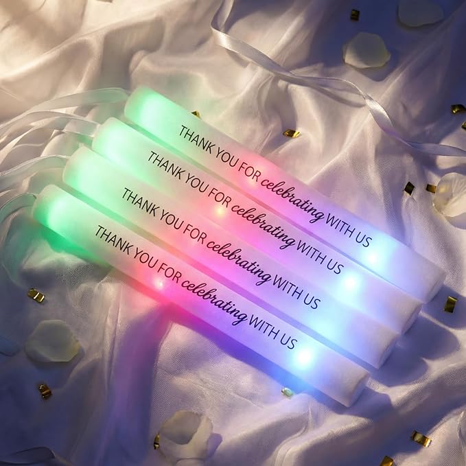 JellyArch 50 Pack Wedding Glow Sticks for Reception LED Foam Light up Sticks with Ribbon Light Stick Bulk with 3 Modes Colorful Flashing for Wedding Send off Party Favors, Dance Floor, Birthday