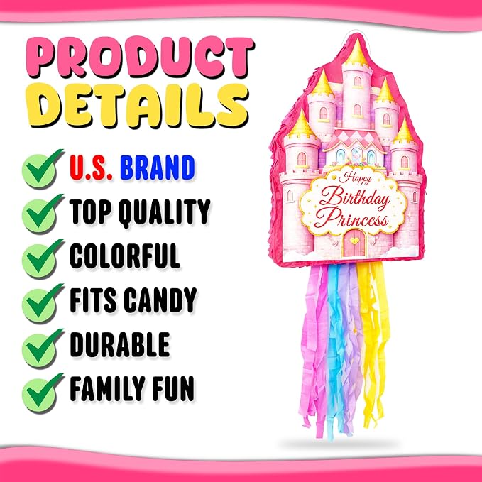 Jergrim Princess Castle Happy Birthday Pinata 4 Piece Set, 11"x17" Perfect For Girl Party Decorations, Once Upon A Time Piñata 5th, 6th 7th B-day Piñatas, Fits Candy & Party Favors