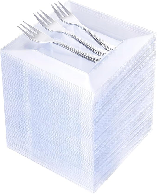 supernal 200 Pcs Clear Plastic Plates with Silver Forks - 100 Clear 6.5" Square Appetizer Plates & 100 Silver Dessert Forks - Heavy Duty Disposable Cake Plates for Wedding, Cocktail Parties & Events