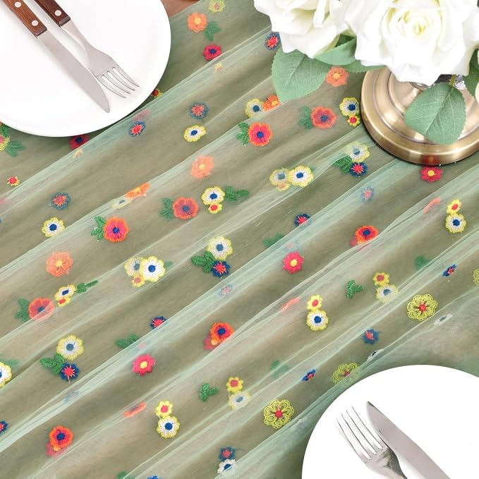Joanlody 3pcs Sage Green Summer Flower Table Runner 10ft Embroidery Daisy Floral Seasonal Tulle Table Runner for Home Garden Tea Party Holiday Birthday Decoration