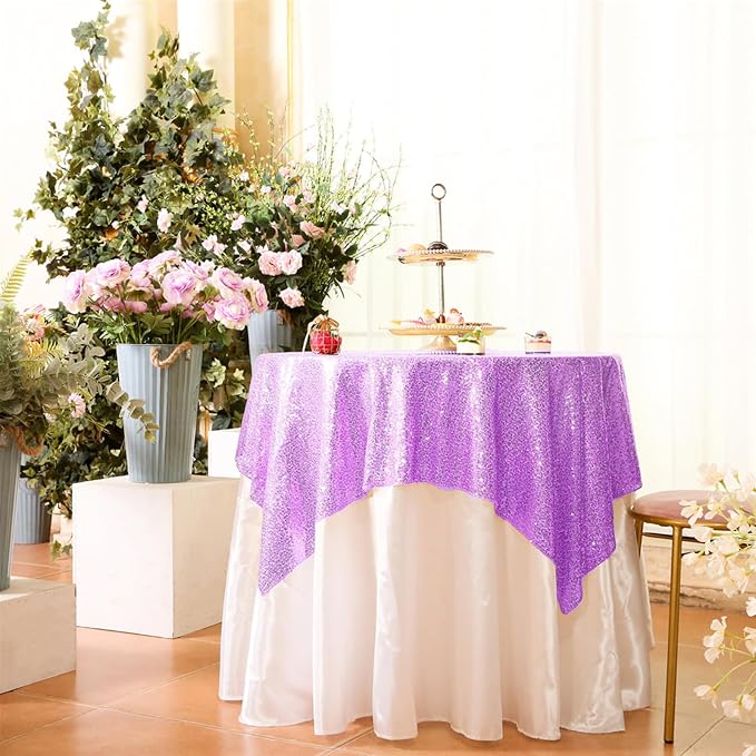 Eternal Beauty Lavender Tablecloth, 50x50 Inch Sequin Square Table Cover for Cake Dessert Exhibition Party Birthday Events